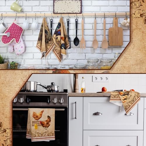 Geyoga 4 Pcs Chicken Kitchen Towels Rooster Dish Hand Towels | Farm Cock Hen Kitchen Decor, Vintage Rustic Tea Cloth, Chicken Lovers Gifts Bathroom Farmhouse Decor, 16 x 24 Inch - color: Classic Color, style: Rooster