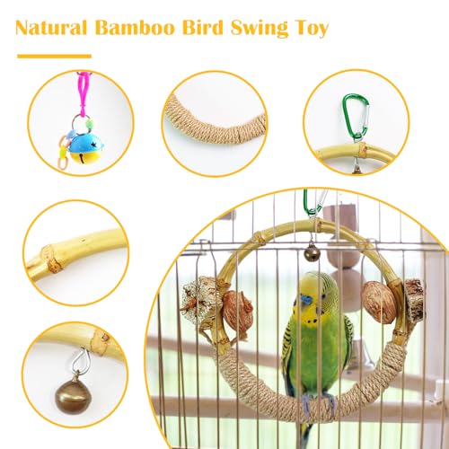 Circle Bird Swing with Bell,Bamboo Parakeet Rope Perches for Cage Ring Bird Swings Chewings Nuts Toys for Parrots Cockatiels Lovebirds Budgie