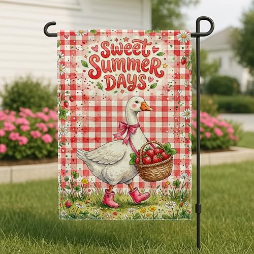 Goose Garden Flag, Summer Playful Strawberries Basket Summer Red Double Sided Burlap Decorative Outside Flags for Outdoor Patio Lawn Porch Entrance Campsite 12x18 Inch - size: 12x18 Inch
