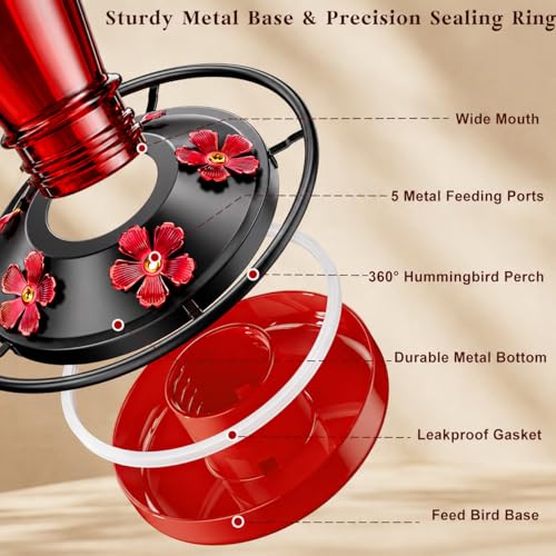 24 OZ Hummingbird Feeder for Outdoors Hanging, | Heavy-Duty Thick Glass With Floral Decals, Leak-Resistant Metal Base, 5 Feeding Ports & Perch - color: Red