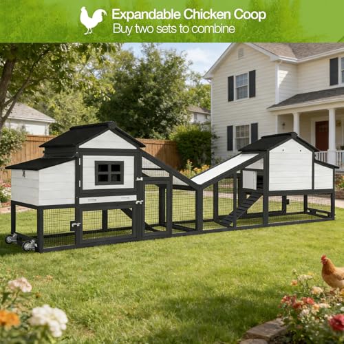 Large Chicken Coop Mobile Outdoor Chicken House Hen Coop with Wheels Nesting Box, Poultry Cage Duck House with Run(White＆Black) - color: White ＆ Black