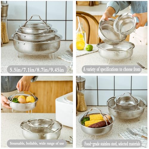 Food Grade Stainless Steel Steamer with Carrying Handle and Three-Legged Stand, Multi-functional Home Steamer and Drainer SUS304 Stainless Steel, Essential for Kitchen Cooking (8.7in)