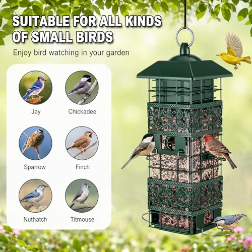 Squirrel Proof Bird Feeder, 2.8LB Weight-Activated Metal Outdoor | Weight-activated guard, metal body, clear seed tube, 4 ports, top-fill, 2.8LB capacity for outdoor backyard bird watching