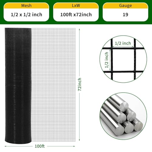 Garvee 1/2inch 72inx100ft 19 Gauge, Chicken Wire Fence Wire Mesh Fence Galvanized Steel Poultry Netting Garden Fence Tree Guard Wire Fence Rolls Hardware Cloth for Yard Vegetable Plant Protection