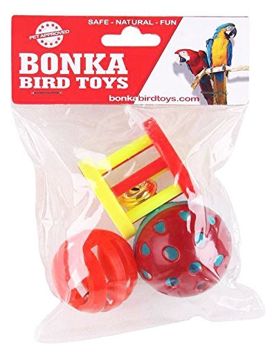 Bonka 1195 1.5" Plastic Bird Toy Pack for Small Medium Birds | Three interactive rattling foot toys with rolling and wobbling action for active bird play - size: Pack (1)