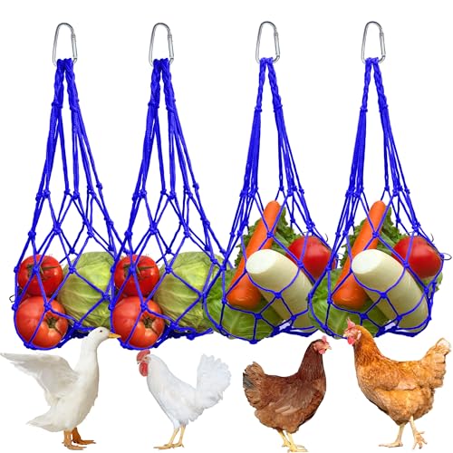 Chicken Vegetable Fruit Hanging Feeder 4Pcs, Reusable String Bag with Hook for Chicken Coop Toys, Poultry Feeding Tool for Hens,Duck,Goose (Blue) - color: Blue