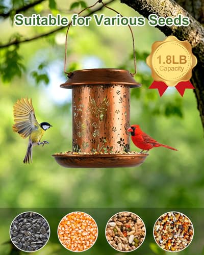 Solar Bird Feeder for Outdoors, Hanging Metal Bird Feeders with Flying Bird Carved Design, Auto-On Night Light, for Hummingbirds Cardinals Orioles Finches Bluebirds, Unique Gift for Bird Lovers - size: 6.4”