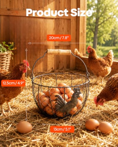 2 Pcs Metal Wire Egg Basket, Round Iron Canasta para Huevos with Wooden Handle, Sturdy Small Egg Basket for Gathering Fresh Eggs, Storing Fruit, Vegetables. Ideal for Farmhouse Kitchen Storage