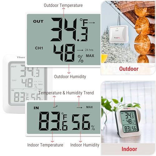 TempPro TempAir 500 FT Indoor Outdoor Thermometer Wireless with Sensor | Large LCD Display, No Hub or App Required, Outside Thermometer & Cold-Resistant Sensor for Patio (Previously ThermoPro) - style: 500ft