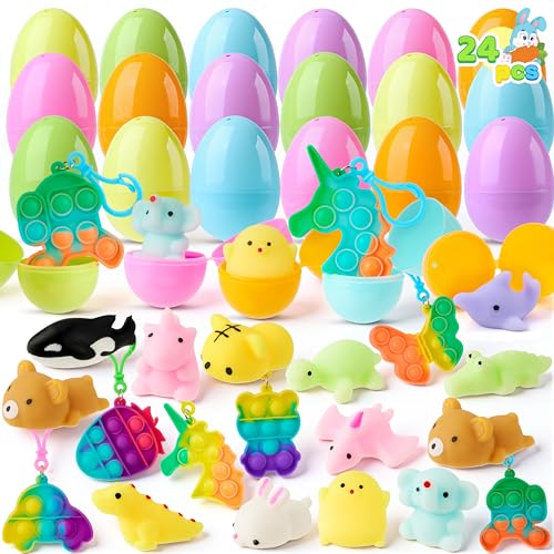 JOYIN 24 Pcs Prefilled Easter Eggs with Assorted Toys, Filled with Mochi and pop Bubble Keychains, Easter Stuffed Toys for Kids to Egg Hunt, Kids Basket Stuffers, Party Favor, Classroom Prize - style: Cute