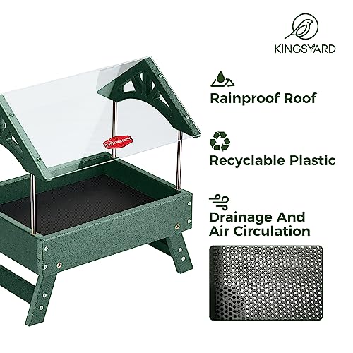 Kingsyard Covered Platform Ground Bird Feeder for Outdoors, Green | Rain-Resistant Roof, Weather-Resistant Recycled Poly Lumber, Metal Mesh Bottom, Foldable Legs, Tool-Free Assembly - color: Green