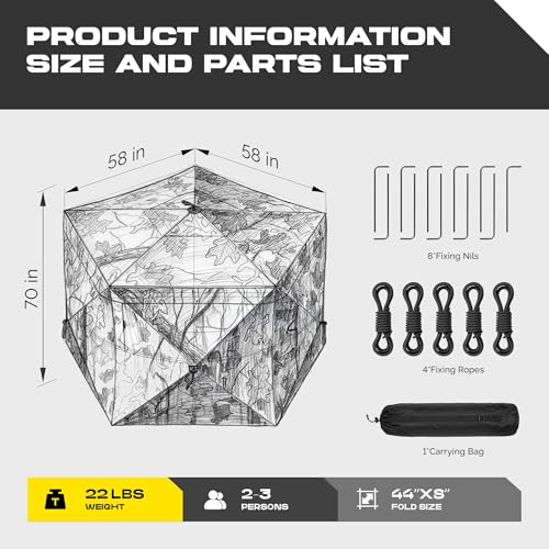 Hunting Blind, See Through Pop Up Ground Blind for Deer Hunting, Portable Camouflage Hunting Tent with Silent Sliding Windows, Durable Hunting Shelter with Carry Bag for Deer Turkey Duck - style: 288 Degre,3-4 Person