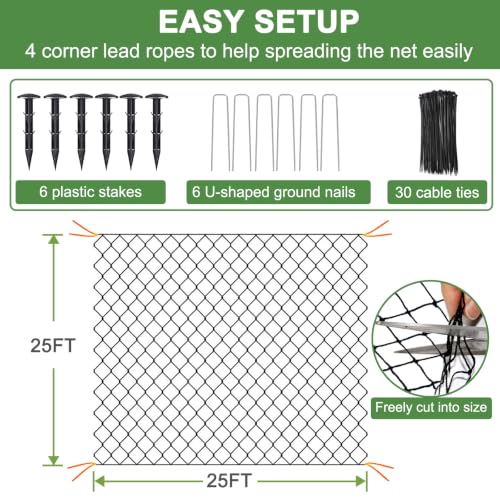 DQS Bird Netting 25' x 25' with 2.4" Mesh, Heavy Duty Nylon Garden Net | Poultry Netting for Chicken Coop, Garden Protection, Hawk Net for Chicken Run, Fruit Tree Net Against Aviary, Deer, Squirrel - size: 2.4", 25' x25'