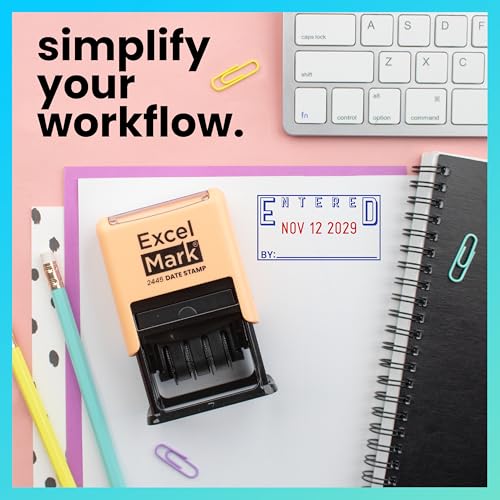 ExcelMark 2445 Date Stamp with Text - Blue and Red Ink (Peach Mount, Entered) - color: Peach Mount, size: Entered