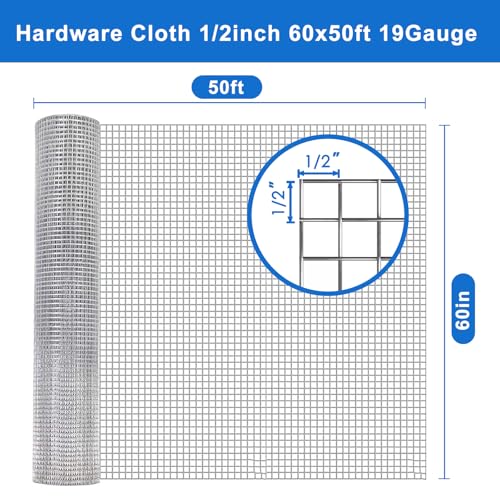 Hardware Cloth 1/2 in 60 inch x 50 ft 19 Gauge Welded Wire | Galvanized welded wire with low defect rate and strong welds for Garden Fence, Chicken Coop, Tree Guard and Rodent Control - size: Silver 1/2" 60" x 50' 19Ga