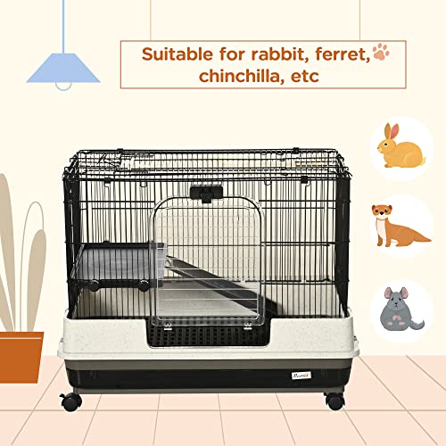 PawHut 26" Small Animal Cage with Wheels, 2-Level Portable Bunny Cage, Chinchilla Ferret Cage with Removable Tray, Platform and Ramp | Portable Chinchilla Ferret Cage, Platform, Ramp - size: 31.5"L x 20.8"W x 26.0"H