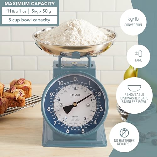 Taylor Mechanical Kitchen Weighing Food Scale with Bowl, Weighs up to 11lbs, Measures in Grams and Ounces, Food Scales for Kitchen, Storm Blue - color: Storm Blue, size: Mini