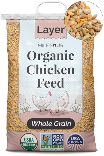Mile Four Organic Chicken Feed, Layer Whole Grain, Non-GMO, US Grown 23 lbs | 16% Protein; Corn & Soy-Free; USA Grown; Non-Medicated; No Fillers or Additives; Supports Egg Production; Family Farm Sourced - size: 23 Pound (Pack of 1), style: Whole Grain
