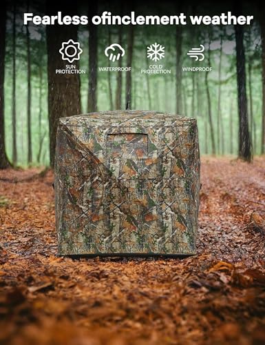 Hunting Blind 270 Degree See Through Ground Blind for Turkey Deer Hunting, 2-3 Person Camouflage Pop Up Hunting Blinds Ground Waterproof Portable Concealed Shelter with Silent Door and Carrying Bag