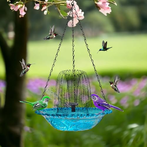 Hanging Bird Bath Fountain, Blue Glass Hanging Bird Bath with Water Fountain, Decorative Outdoor Bird Bath for Garden Yard Patio, Bird Water Feeder for Wild Birds