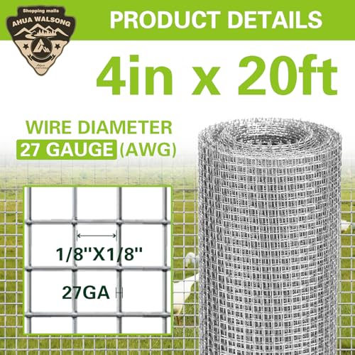 Hardware Cloth 4" x 20', 1/8" 27 Gauge Galvanized Wire Mesh Roll, Welded Metal Screen for Chicken Coops, Poultry Fencing, Animal Cages, Garden Barriers, DIY Craft Projects - size: 1/8" 27ga 4in x 20ft