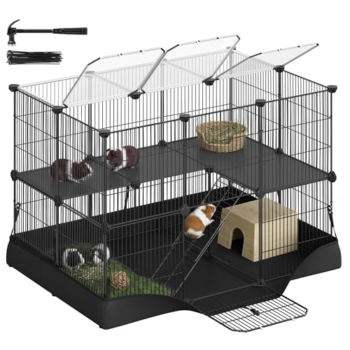 SONGMICS 2-Tier Guinea Pig Cage, Rabbit Cage, Small Animal Playpen with Waterproof Mat, Top and Side Door, 35 Panels, 36.6 x 24.8 x 24.2 Inches, Ink Black ULPI016BH01 - color: Ink Black, style: 35 Panels - 36.6"L x 24.8"W x 24.2"H