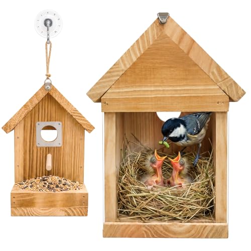 Window Bird House for Outside, Wooden Birdhouse with Vacuum Suction Cup, Clear Viewing Back, Built-in Feeder Attracts More Birds, Hang on Windows or Trees, Easy-Clean Nest Box - color: Back