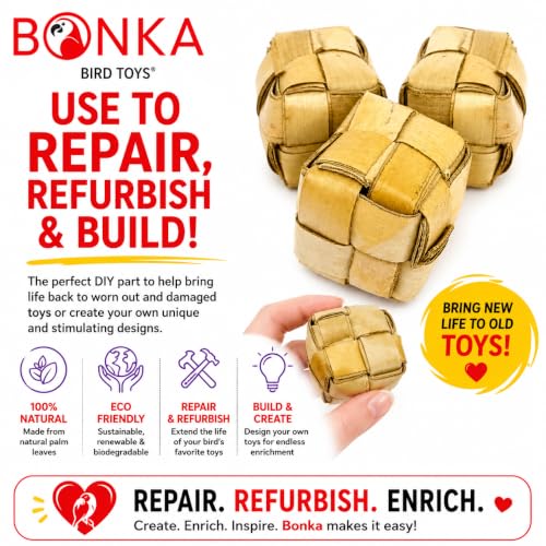 Bonka Bird Toys 1256 Pk3 Mini Palm Leaf 1.50" Square Boxes, Medium Parrot Forage Chew Foot Talon Cage Toys, African Grey, Conure, Pionus, and Similar Birds