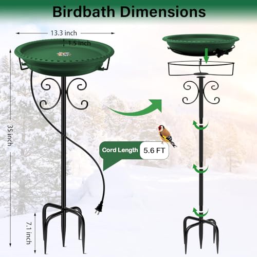 Daoeny Heated Bird Baths for Outdoors, Upgraded 100W Thermostatically Controlled Heated Bird Bath with 5-Prong Metal Base, Heated Bird Bath for Outside Winter Garden Patio Yard Lawn(Green) - color: Green