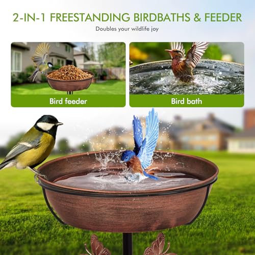 Metal Bird Bath Feeder for Outside – 3.14’’ Deep Birdbaths Bowl with Stable Stake & Upgraded 5-Pronged Base, 13’’ Dia Freestanding for Garden Yard Lawn Decor, 44’’ Tall Easy Clean 1.5 Gallon
