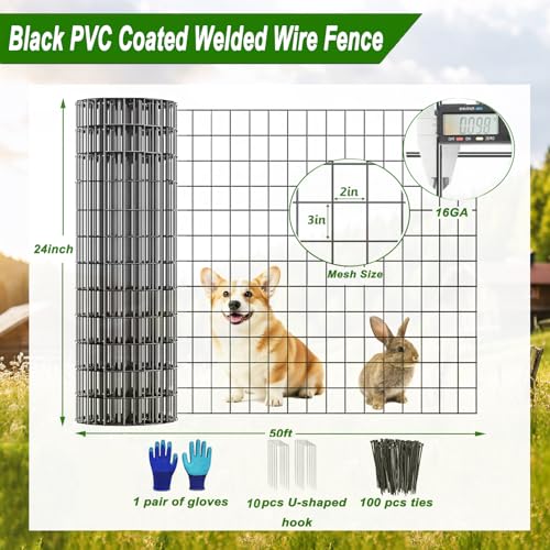 Welded Wire Fence 24inch x 50ft Roll,16 Gauge 2" x 3" Mesh Black | Rustproof Vinyl Coated Double-Layer Thick Wire, for Garden Fencing, Dog Fence, Chicken Wire Fencing, Yard & Pet Barrier