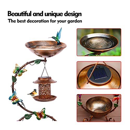 YADOOLIFE 37.8" Bird Bath and Solar Bird Feeders Combo with Flower Planter Pedestal, Metal Bird Baths for Outdoors, Decorative Birdbath with Butterfly for Outside Garden Yard, Weather Resistant