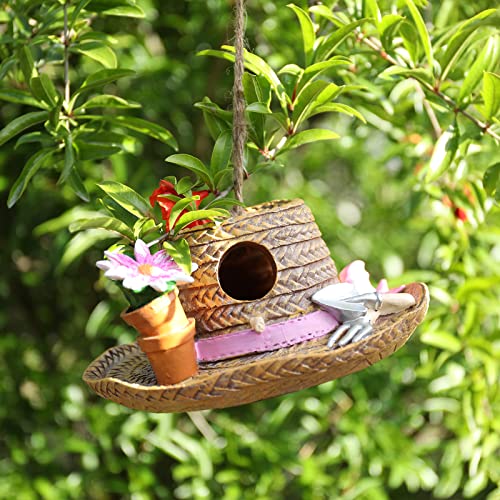 Yinns Birdhouse Hanging Decorative Bird House for Outside Garden Decor, Hat | Hanging Decorative Straw Hat Bird House Home Patio Garden Decor for Humming Bird, Bluebird, Wren Nesting - color: C-Straw Hat