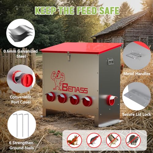 150LB Automatic Chicken Feeder, No-Waste Metal Poultry Feeder with 6 Ports, Predator-Proof Latch & Weatherproof Design, Includes Anti-Tip Ground Stakes & Vegetable Hanging Feeder - size: 150LB-6 Ports