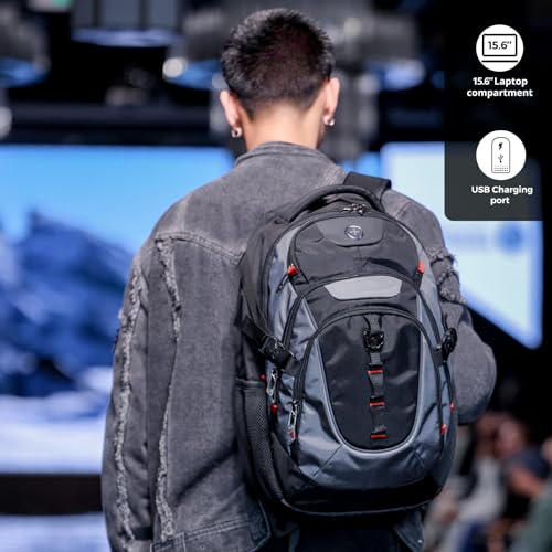 Swissdigital Design Laptop Backpack with USB Charging Port, Travel Backpack Fits 15.6-Inch Computer, 31l College School Backpack for Men, Haze Blue/Black | SD803-16 - color: Haze Blue/Black