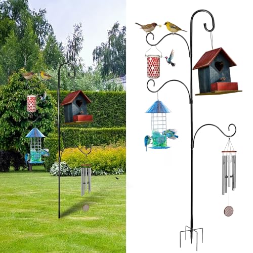 Bird Feeder Pole Heavy Duty 76" Adjustable Shepherd Hook, 5-Prong Ground Stake Rustproof Outdoor Garden Stand for Plants Hummingbird Feeder Lantern Wind Chime - No Digging