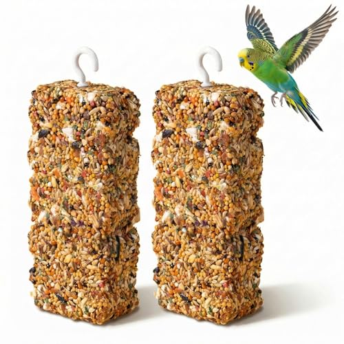 2 PCS Natural Bird Grain Treat Sticks, Blend Foraging Toys for Stress Relief, Metal Hook, for Budgies, Cockatiels, Lovebirds, Conures, Parakeets, Small to Medium Birds