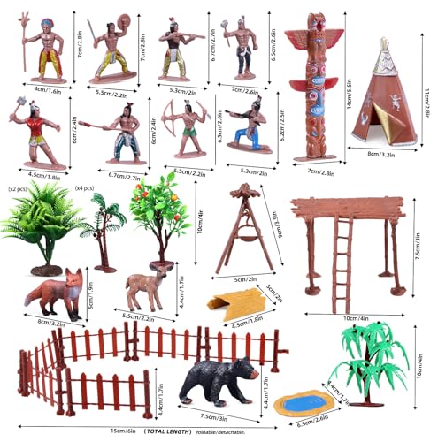 31Pcs Native American Figures Set, School Project Diorama for Kids | Realistic Indian Village Educational History Toys with Tepees, Totems and Fences, Ideal Teaching, Pretend Play and Kids Gifts - style: Native