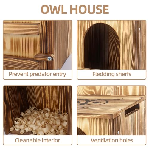 Owl House for Outdoors - 9.1x7.5x14.6 Inch Wooden Owl Nesting Box, Bird Houses for Outside with Secure Entrance & Ventilation, Easy to Install on Trees