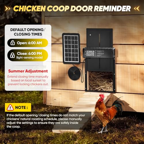Sakerplus Automatic Chicken Coop Door Solar Powered, Automatic Chicken Door with Timer, Light Sensor, 4 Modes and LCD Display, Aluminum Alloy Auto Chicken Door, Anti-Pinch & Weather Proof