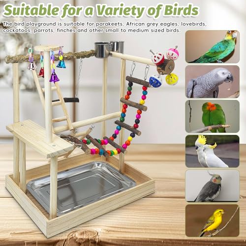 PINVNBY Bird Playground Parrot Perch Stand Play Gym Cockatiel Wood Bird Toys Birds Cage Accessories Playpen Ladder with Feeder Cups Hanging Swing Toys for Parakeet Conure Lovebird Cockatiel - size: Two Floors With Bell Platform