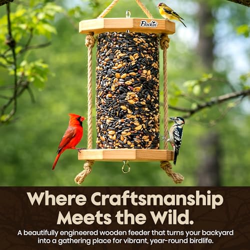 Cylinder Bird Feeder for Outdoors - Weather Resistant Bird Seed Holder | Wood Bird Feeder, Holds Bird Seed Cylinders, Logs & Cakes, Bird Safe Protective Coating, 360° Feeding, Easy to Clean