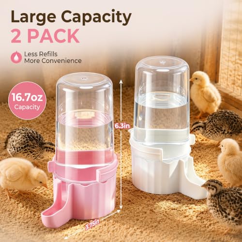 2 Pack Quail Waterer, Leak-Proof & Anti-Drowning Design, 16.7 oz Automatic Gravity Chicks Water Feeder with Hanging Hooks, Easy Clean Transparent Water Dispenser for Quail & Small Birds