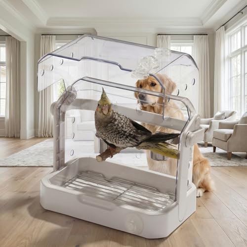 Bird Travel Cage, 10×6.7×8.3 Inches Waterproof & Sturdy Pet Carrier with Perch & Food Bowls, Portable Cage for Budgies, Cockatiels, Lovebirds & Small Birds