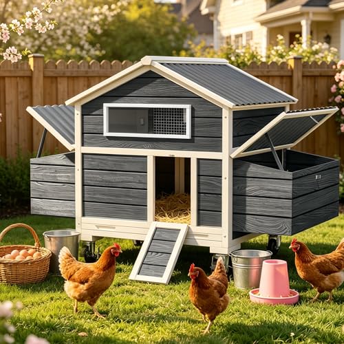 Large Chicken Coop with Wheels, Waterproof Outdoor Hen House for 6-8 Chickens, Movable Chicken House with Two Nesting Box, Removable Tray, PVC Cover, Wooden Duck Coop Rabbit Hutch(Black) - size: 61.0"L x 33.0"W x 58.0"H