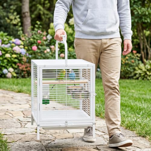 25.9''H Travel Bird Cage for Small Parrots Wrought Iron Portable Carrier Parrot Cage with Food Bowl/Perch, Slide-Out Tray for Canaries Budgies Parrotlets Lovebirds Conures Cockatiels, White | Wrought Iron Portable Carrier Parrot Cage w/ Slide-Out Tray for