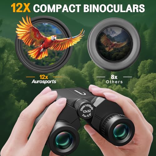 Aurosports 12x32 Compact Binoculars for Adults - Small Binoculars with FMC Lens & BAK4 Prism - Wide 273ft/1000yds Field of View - Easy Focus Binos for Bird Watching Traveling Gifts for Men Women - size: 12x32