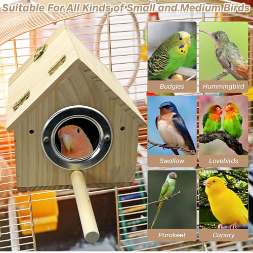 PINVNBY Parakeet Nesting Box Wooden Bird House for Cage Parrot Breeding Mating Box for Lovebirds CockatielFinch Cockatoo Canary and Small and Medium-Sized Birds (L: 7.91 * 6.81 * 6.69 inch) - size: Wood House Shape,L: 7.91*6.81*6.69 inch