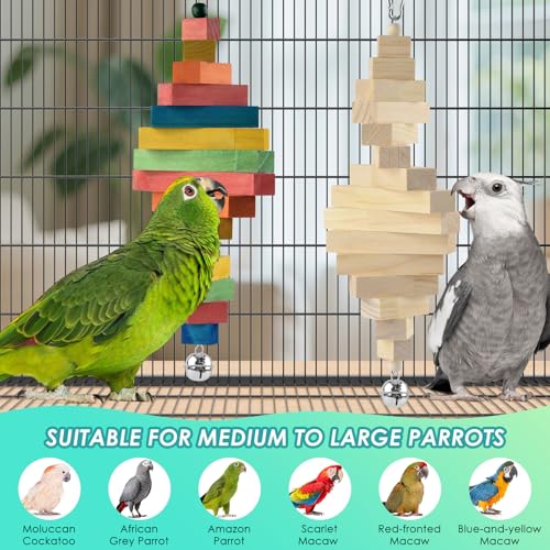 DBNESS 2 Pcs Bird Toys, 15.94in Large Parrot Foraging Toys for Beak Grinding, Wooden Block Bird Chewing Toys for Macaws Eclectus Cockatoo African Greys Amazon Parrots - size: 15.94in