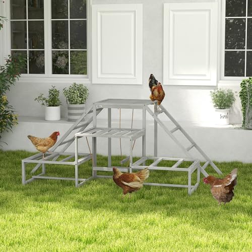 PawHut Chicken Toys for Coop, Chicken Swing Set, Chicken Coop Accessories for Poultry Run with Perches, Wood Stand, Ladder, Platforms, for 10-15 Chickens, Gray | Toys, Coop Accessories for Poultry Run, Ladder, Platforms
